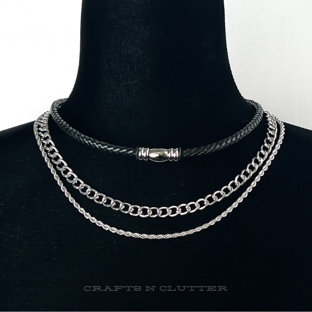✦ 3PC Men’s Black Cowhide Magnetic Necklace Stainless Steel Chain Set